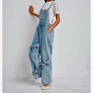 Cider Denim Overalls XS Bow Detail Wide Leg Y2K Cottagecore